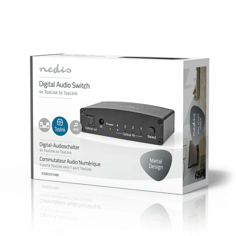 Nedis Digital Audio Switch | 4-vägs | Ingång för audio/video/dataanslutningar: DC Power / 4x TosLink | Audio / video / dataanslutningar utgång: TosLink Female | Fjärrkontroll / Instruktionsbok / Knapp | Metall | Svart