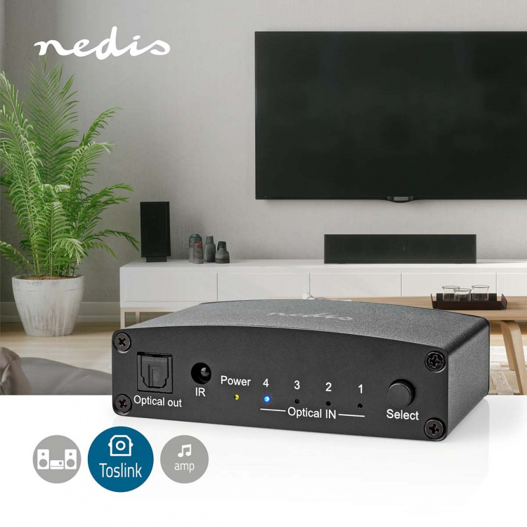 Nedis Digital Audio Switch | 4-vägs | Anslutningsingång: DC Ström / 4x TosLink | Anslutningsutgång: TosLink Hona | Fjärrkontroll / Instruktionsbok / Knapp | Metall | Svart