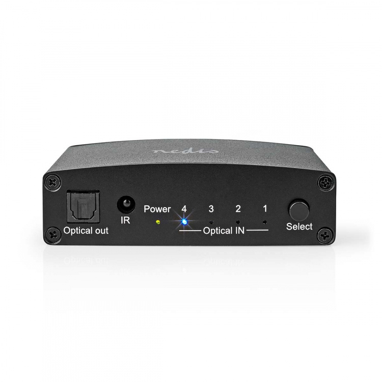 Nedis Digital Audio Switch | 4-vägs | Ingång för audio/video/dataanslutningar: DC Power / 4x TosLink | Audio / video / dataanslutningar utgång: TosLink Female | Fjärrkontroll / Instruktionsbok / Knapp | Metall | Svart