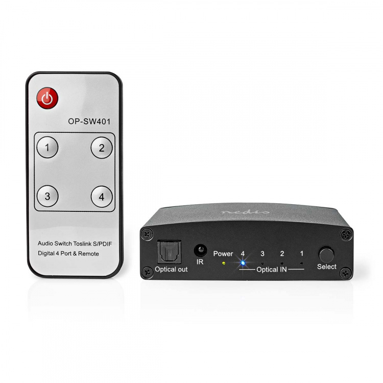 Nedis Digital Audio Switch | 4-vägs | Ingång för audio/video/dataanslutningar: DC Power / 4x TosLink | Audio / video / dataanslutningar utgång: TosLink Female | Fjärrkontroll / Instruktionsbok / Knapp | Metall | Svart