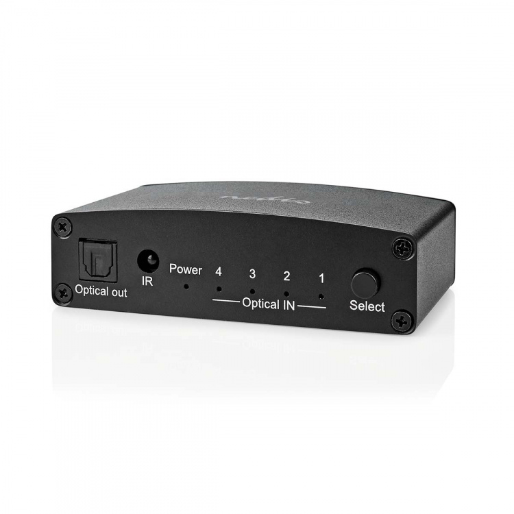 Nedis Digital Audio Switch | 4-vägs | Ingång för audio/video/dataanslutningar: DC Power / 4x TosLink | Audio / video / dataanslutningar utgång: TosLink Female | Fjärrkontroll / Instruktionsbok / Knapp | Metall | Svart