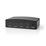 Nedis Digital Audio Switch | 4-vägs | Anslutningsingång: DC Ström / 4x TosLink | Anslutningsutgång: TosLink Hona | Fjärrkontroll / Instruktionsbok / Knapp | Metall | Svart