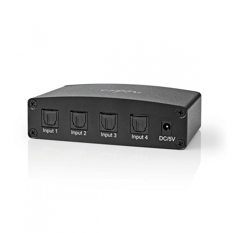 Nedis Digital Audio Switch | 4-vägs | Ingång för audio/video/dataanslutningar: DC Power / 4x TosLink | Audio / video / dataanslutningar utgång: TosLink Female | Fjärrkontroll / Instruktionsbok / Knapp | Metall | Svart