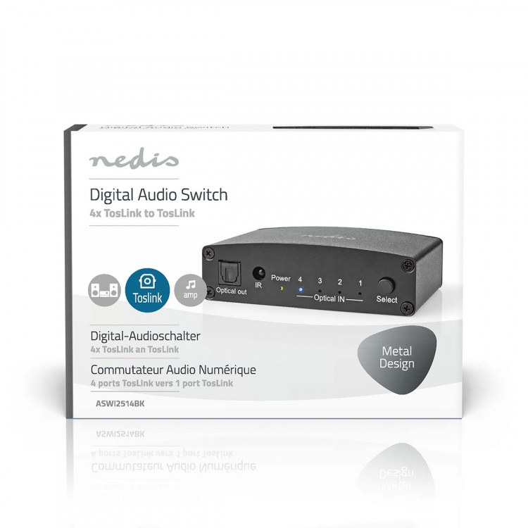 Nedis Digital Audio Switch | 4-vägs | Ingång för audio/video/dataanslutningar: DC Power / 4x TosLink | Audio / video / dataanslutningar utgång: TosLink Female | Fjärrkontroll / Instruktionsbok / Knapp | Metall | Svart