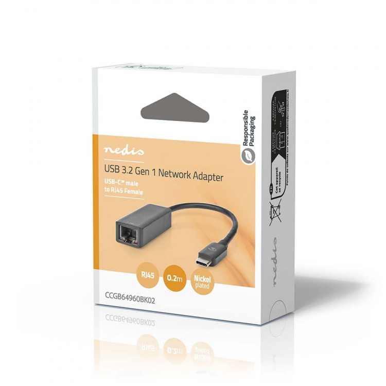 Nedis USB-nätverkskort | USB 3.2 Gen 1 | 2.5 Gbps | USB-C™ Hane | RJ45 Hona | 0.20 m | Rund | Nickelplaterad | Förtent Koppar | Svart | Låda