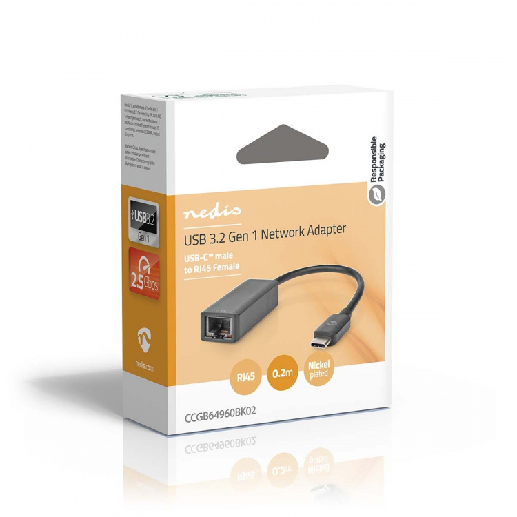 Nedis USB-nätverkskort | USB 3.2 Gen 1 | 2.5 Gbps | USB-C™ Hane | RJ45 Hona | 0.20 m | Rund | Nickelplaterad | Förtent Koppar | Svart | Låda