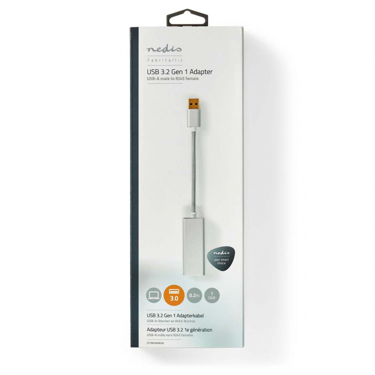 Nedis USB-nätverkskort | USB 3.2 Gen 1 | 1 Gbps | USB-A Hane | RJ45 Hona | 0.20 m | Rund | Guldplaterad | Bar koppar | Silver | Kartong med täckt fönster