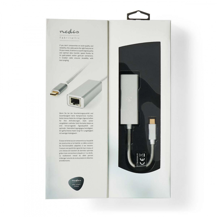 Nedis USB-nätverkskort | USB 3.2 Gen 1 | 1 Gbps | USB-C™ Hane | RJ45 Hona | 0.20 m | Rund | Guldplaterad | Förtent Koppar | Silver | Kartong med täckt fönster Nedis USB-nätverkskort | USB 3.2 Gen 1 | 1 Gbps | USB-C™ Hane | RJ45 Hona | 0.20 m | Rund | Guldplaterad | Förtent Koppar | Silver | Kartong med täckt fönster