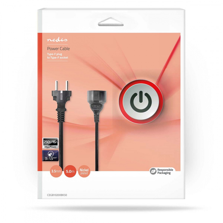 Nedis Strömkabel | Strömkontakt Hane | Strömkontakt Hona | Rak | Rak | Nickelplaterad | 5.00 m | Rund | PVC | Svart | Låda