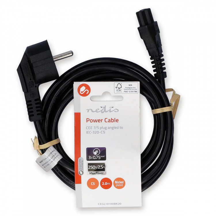 Nedis Strömkabel | Strömkontakt Hane | IEC-320-C5 | Vinklat | Rak | Nickelplaterad | 2.00 m | Rund | PVC | Svart | Label