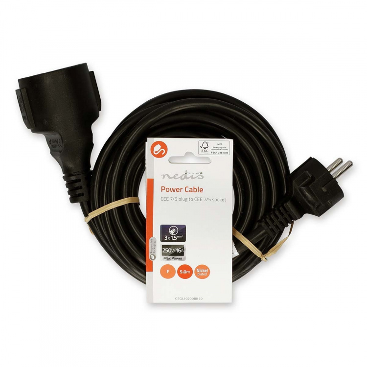 Nedis Strömkabel | Strömkontakt Hane | Strömkontakt Hona | Rak | Rak | Nickelplaterad | 5.00 m | Rund | PVC | Svart | Label Nedis Strömkabel | Strömkontakt Hane | Strömkontakt Hona | Rak | Rak | Nickelplaterad | 5.00 m | Rund | PVC | Svart | Label