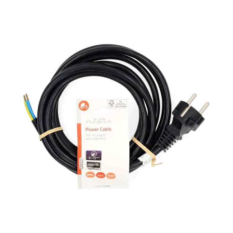 Nedis Strömkabel | Strömkontakt Hane | Open | Rak | Rak | Nickelplaterad | 3.00 m | Rund | PVC | Svart | Label Nedis Strömkabel | Strömkontakt Hane | Open | Rak | Rak | Nickelplaterad | 3.00 m | Rund | PVC | Svart | Label