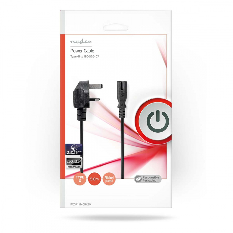 Nedis UK-strömkabel | UK Hane | IEC-320-C7 | 5.00 m | Ja | 2 x 0.75 mm² | Koppar | Rund | Nickelplaterad | UK | PVC | Nätkontakt: UK / Typ G | 250 V AC | 3 A | Svart