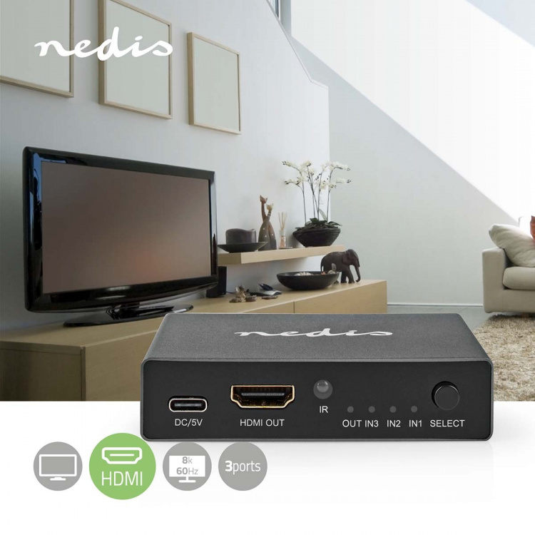 Nedis HDMI ™ Switch | 3-Port port(s) | 3x HDMI™ Input | 1x HDMI™ Output | 8K@60Hz | 45 Gbps | Fjärrstyrd | Aluminium | Antracit Nedis HDMI ™ Switch | 3-Port port(s) | 3x HDMI™ Input | 1x HDMI™ Output | 8K@60Hz | 45 Gbps | Fjärrstyrd | Aluminium | Antracit