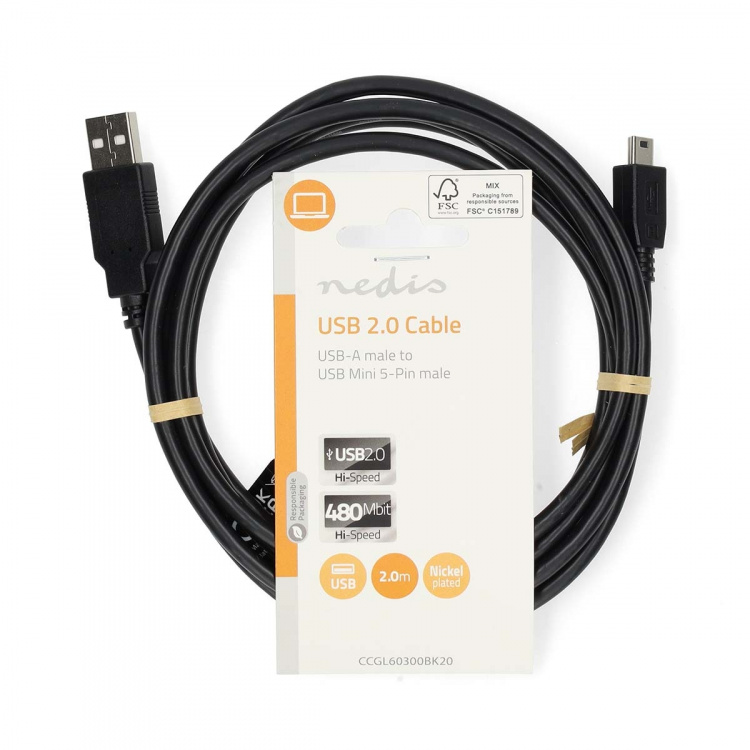Nedis USB-kabel | USB 2.0 | USB-A Hane | USB Mini-B 5 pin Hane | 480 Mbps | Nickelplaterad | 2.00 m | Rund | PVC | Svart | Label Nedis USB-kabel | USB 2.0 | USB-A Hane | USB Mini-B 5 pin Hane | 480 Mbps | Nickelplaterad | 2.00 m | Rund | PVC | Svart | Label