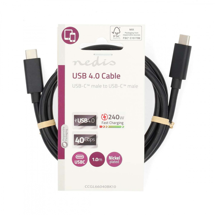 Nedis USB-kabel | USB 4.0 Gen 3x2 | USB-C™ Hane | USB-C™ Hane | 240 W | 8K@60Hz | 40 Gbps | Nickelplaterad | 1.00 m | Rund | PVC | Svart | Label Nedis USB-kabel | USB 4.0 Gen 3x2 | USB-C™ Hane | USB-C™ Hane | 240 W | 8K@60Hz | 40 Gbps | Nickelplaterad | 1.00 m | Rund | PVC | Svart | Label