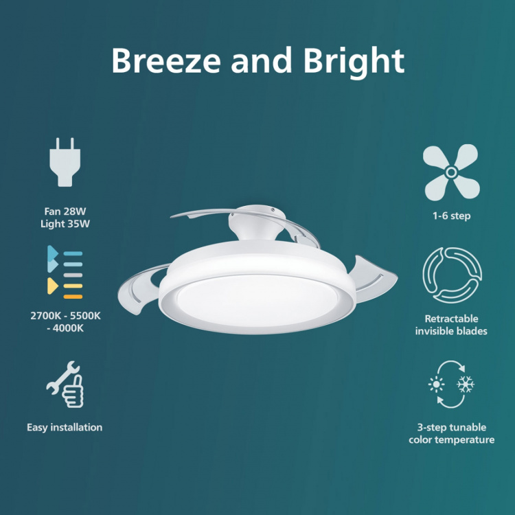 Philips Bliss Takfläkt med LED-belysning Varm-/kallvitt 4500 lm