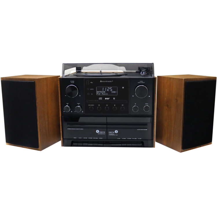 Soundmaster Musik-anläggning Vinyl Radio CD Dubbel-kassett Bluetooth Högtalare MCD5600BR Trä Soundmaster Musik-anläggning Vinyl Radio CD Dubbel-kassett Bluetooth Högtalare MCD5600BR Trä
