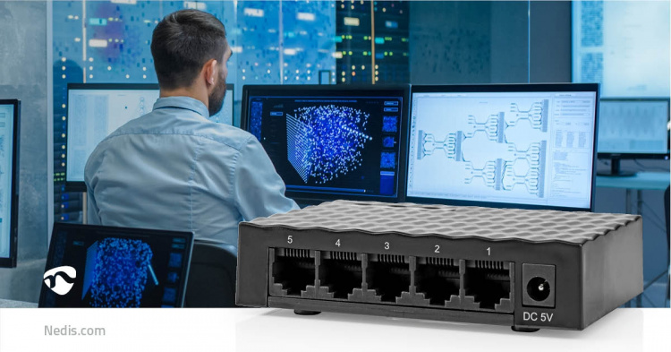 Nedis Nätverksomkopplare | Trådbunden hastighet: Gigabit | Antal Ethernet portar: 5