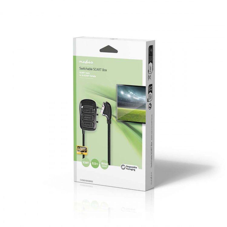 Nedis SCART Switchbox | SCART Hane | 3x SCART Hona | Nickelplaterad | Maximal upplösning: 800x480 | 0.50 m | Rund | PVC | Svart | Låda