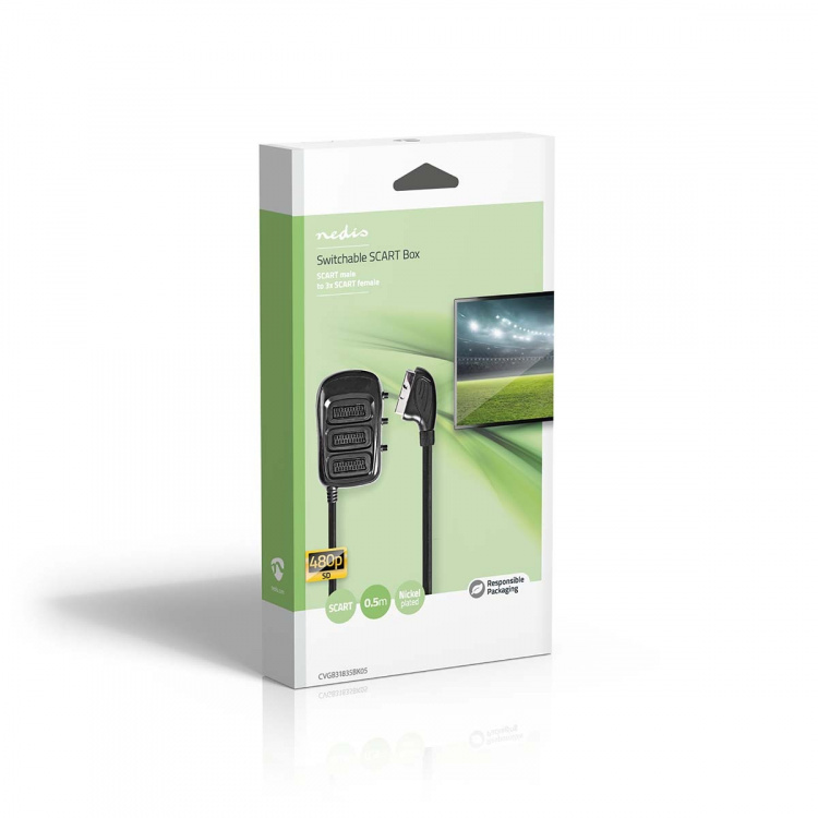 Nedis SCART Switchbox | SCART Hane | 3x SCART Hona | Nickelplaterad | Maximal upplösning: 800x480 | 0.50 m | Rund | PVC | Svart | Låda