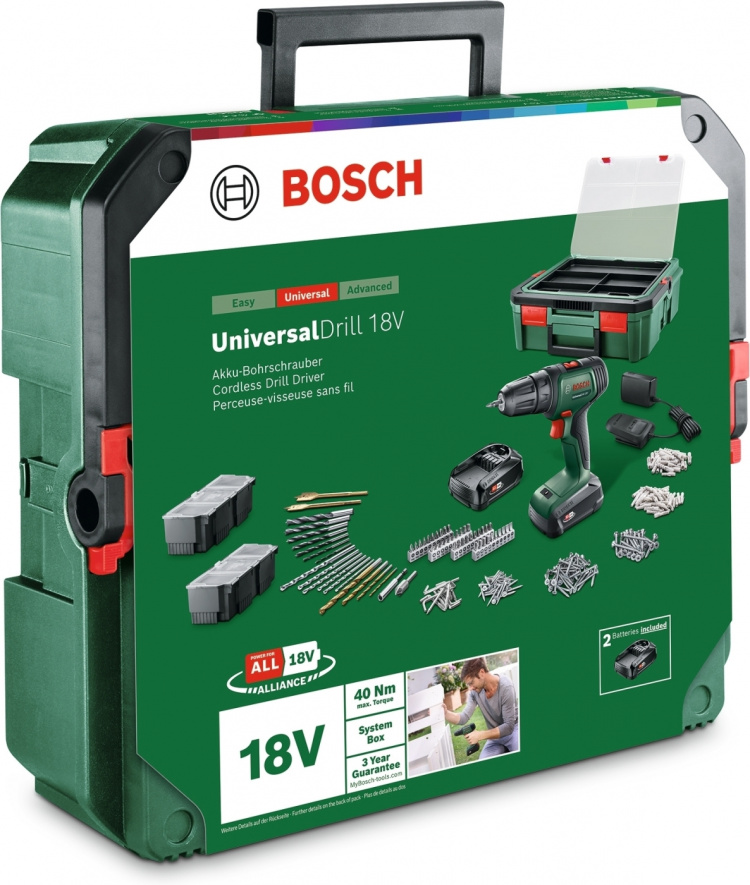 Bosch UniversalDrill 18V + SystemBox 241 sladdlös borrmaskin + tillbehörssats