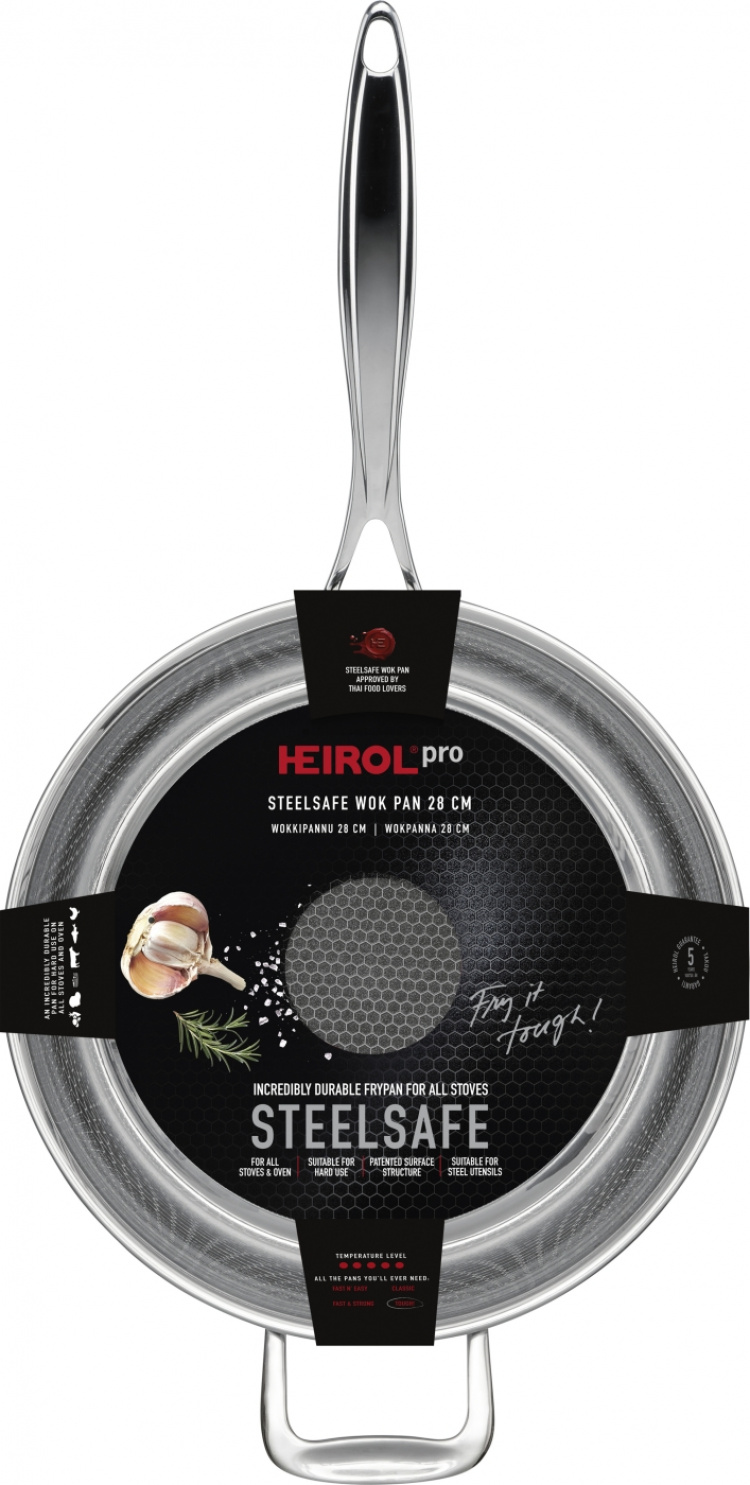 Heirol Pro Steelsafe wok, rostfritt stål + non-stick beläggning, 28 cm