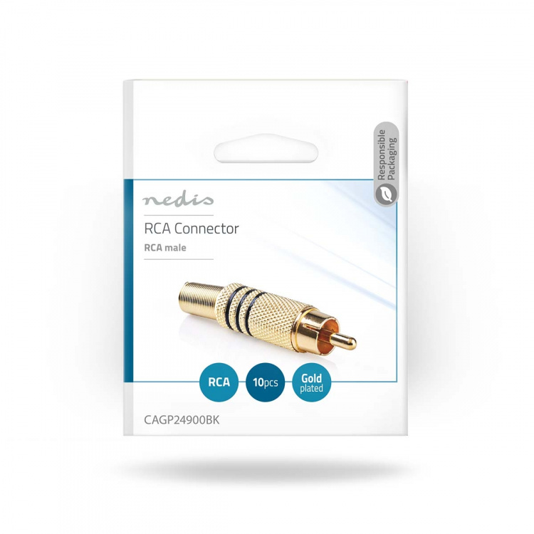 Nedis RCA Connector | Rak | Hane | Guldplaterad | Löda | Kabel input diameter: 7.0 mm | Metall | Svart | 10 st. | Kuvert