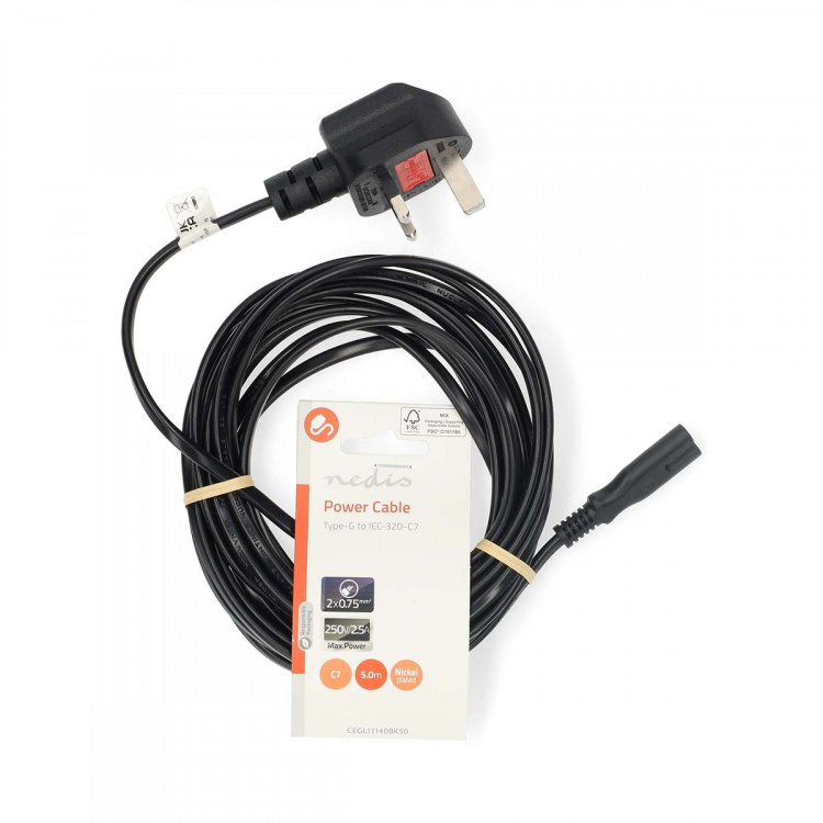 Nedis UK-strömkabel | UK Hane | IEC-320-C7 | 5.00 m | Ja | 2 x 0.75 mm² | Koppar | Rund | Nickelplaterad | UK | PVC | Nätkontakt: UK / Typ G | 250 V AC | 3 A | Svart Nedis UK-strömkabel | UK Hane | IEC-320-C7 | 5.00 m | Ja | 2 x 0.75 mm² | Koppar | Rund | Nickelplaterad | UK | PVC | Nätkontakt: UK / Typ G | 250 V AC | 3 A | Svart