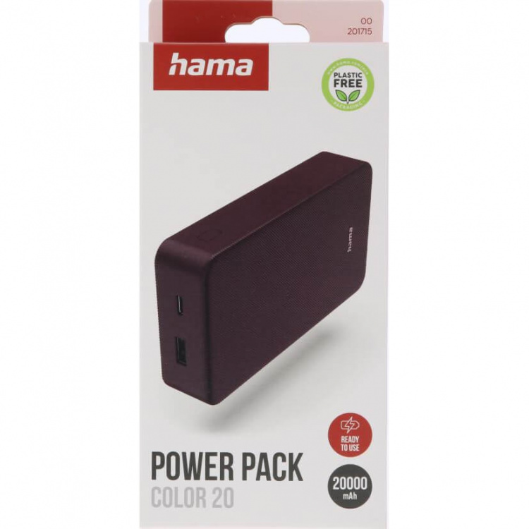 Hama Powerbank Colour 20 20000mAh USB-C+USB-A Plommon Hama Powerbank Colour 20 20000mAh USB-C+USB-A Plommon