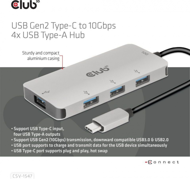 Club 3D USB Type-C till 10 Gbps 4x USB Type-A-hubb