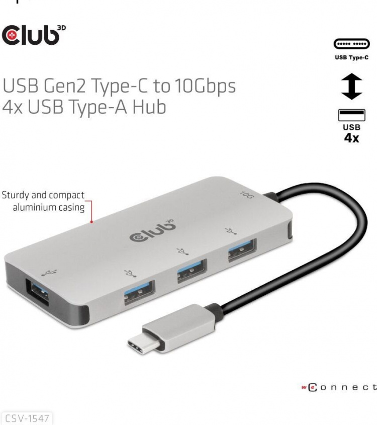 Club 3D USB Type-C till 10 Gbps 4x USB Type-A-hubb