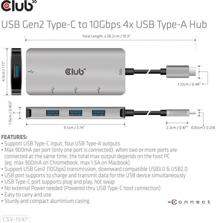 Club 3D USB Type-C till 10 Gbps 4x USB Type-A-hubb
