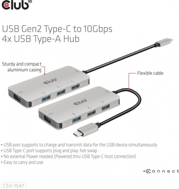 Club 3D USB Type-C till 10 Gbps 4x USB Type-A-hubb