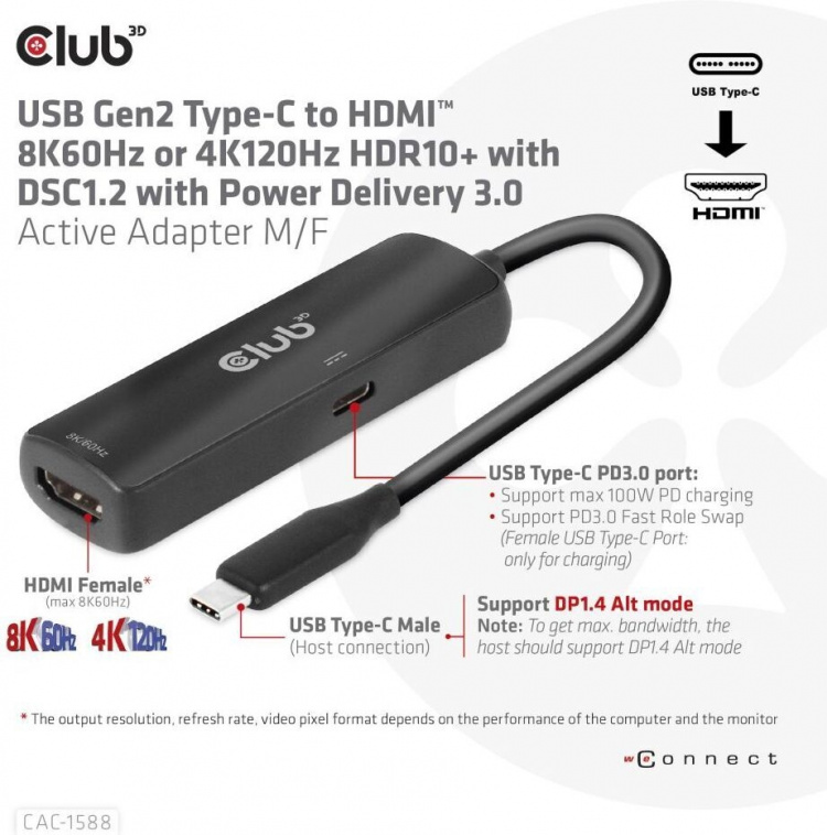 Club 3D CAC-1588 Typ C - HDMI 2.1 PD 100W aktiv adapter, 4K120 Hz - 8K60Hz Club 3D CAC-1588 Typ C - HDMI 2.1 PD 100W aktiv adapter, 4K120 Hz - 8K60Hz