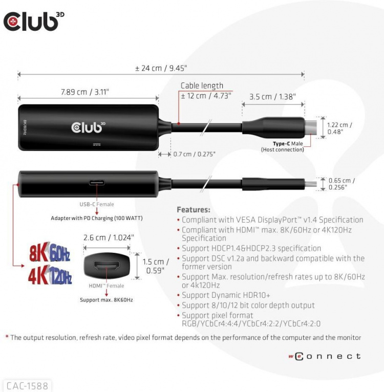 Club 3D CAC-1588 Typ C - HDMI 2.1 PD 100W aktiv adapter, 4K120 Hz - 8K60Hz Club 3D CAC-1588 Typ C - HDMI 2.1 PD 100W aktiv adapter, 4K120 Hz - 8K60Hz