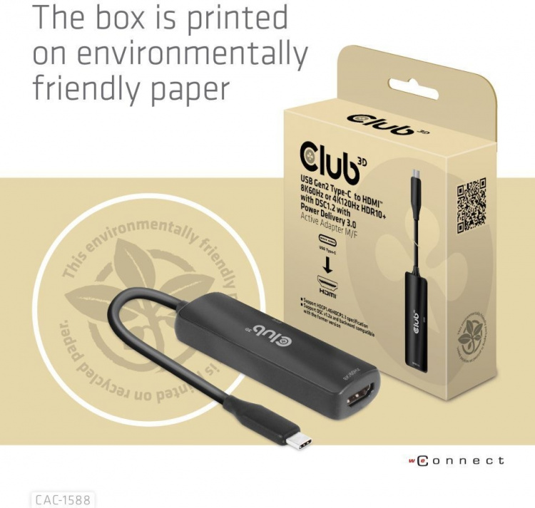 Club 3D CAC-1588 Typ C - HDMI 2.1 PD 100W aktiv adapter, 4K120 Hz - 8K60Hz Club 3D CAC-1588 Typ C - HDMI 2.1 PD 100W aktiv adapter, 4K120 Hz - 8K60Hz