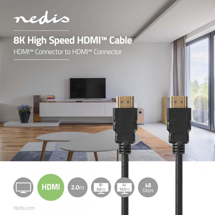 Nedis Ultra High Speed HDMI ™ kabel | HDMI™ Kontakt | HDMI™ Kontakt | 8K@60Hz | 48 Gbps | 2.00 m | Rund | 6.5 mm | Svart | Label Nedis Ultra High Speed HDMI ™ kabel | HDMI™ Kontakt | HDMI™ Kontakt | 8K@60Hz | 48 Gbps | 2.00 m | Rund | 6.5 mm | Svart | Label
