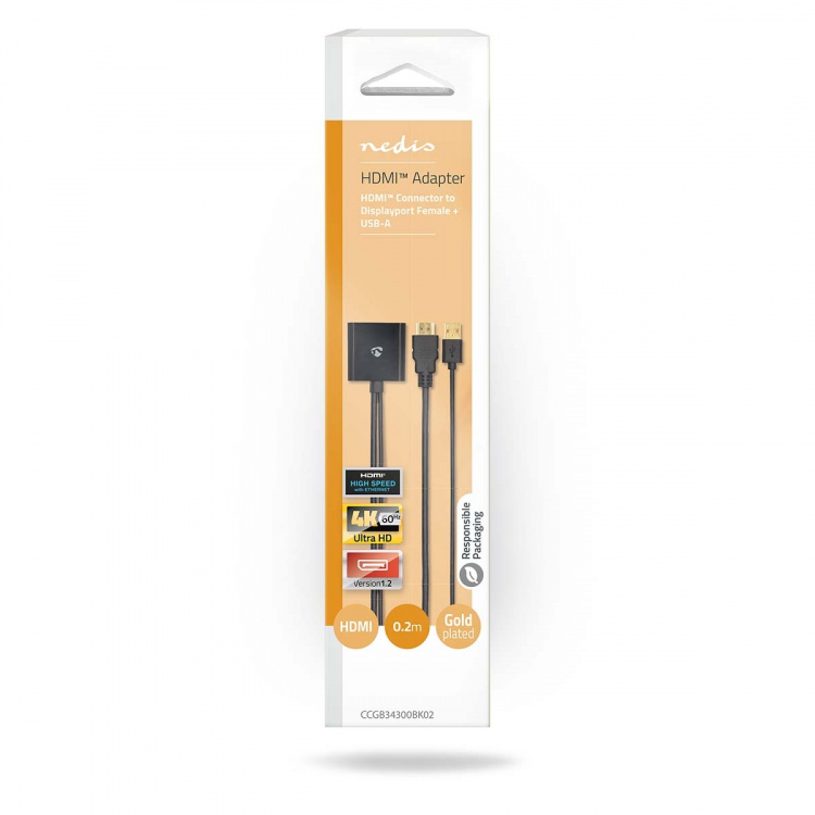 Nedis HDMI™ Adapter | HDMI™ Kontakt | DisplayPort Hane / USB-A Hane | Guldplaterad | Rak | PVC | Svart | 1 st. | Låda Nedis HDMI™ Adapter | HDMI™ Kontakt | DisplayPort Hane / USB-A Hane | Guldplaterad | Rak | PVC | Svart | 1 st. | Låda