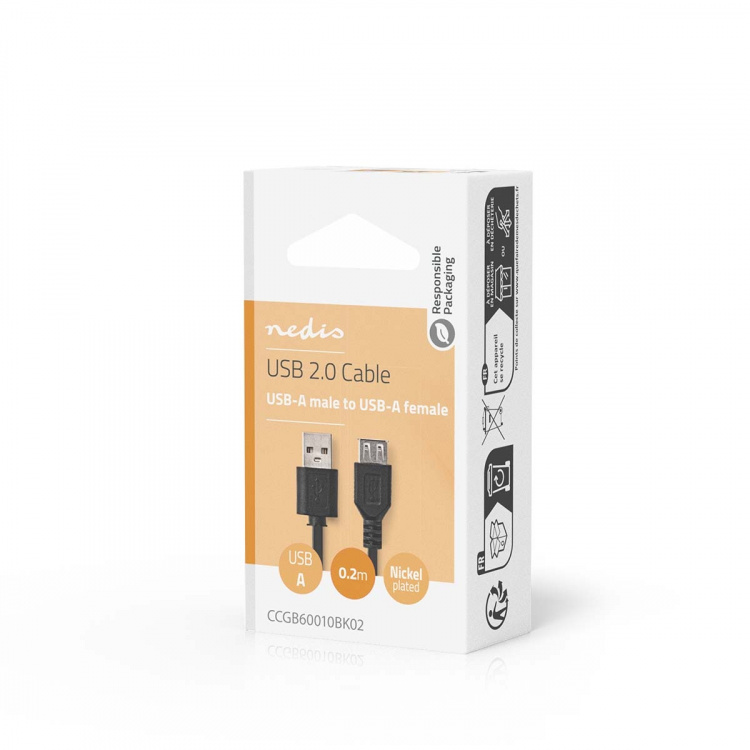 Nedis USB-kabel | USB 2.0 | USB-A Hane | USB-A Hona | 480 Mbps | Nickelplaterad | 0.20 m | Rund | PVC | Svart | Låda Nedis USB-kabel | USB 2.0 | USB-A Hane | USB-A Hona | 480 Mbps | Nickelplaterad | 0.20 m | Rund | PVC | Svart | Låda