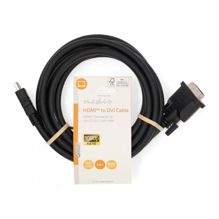 Nedis HDMI™ kabel | HDMI™ Kontakt | DVI-D 24+1-Pin Hane | 1080p | Nickelplaterad | 3.00 m | Rak | PVC | Svart | Label Nedis HDMI™ kabel | HDMI™ Kontakt | DVI-D 24+1-Pin Hane | 1080p | Nickelplaterad | 3.00 m | Rak | PVC | Svart | Label