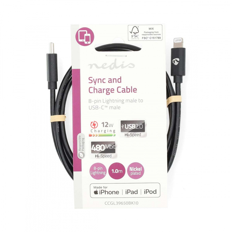 Nedis Lightning Kabel | USB 2.0 | Apple Lightning, 8-stifts | USB-C™ Hane | 480 Mbps | Nickelplaterad | 1.00 m | Rund | PVC | Svart | Label Nedis Lightning Kabel | USB 2.0 | Apple Lightning, 8-stifts | USB-C™ Hane | 480 Mbps | Nickelplaterad | 1.00 m | Rund | PVC | Svart | Label