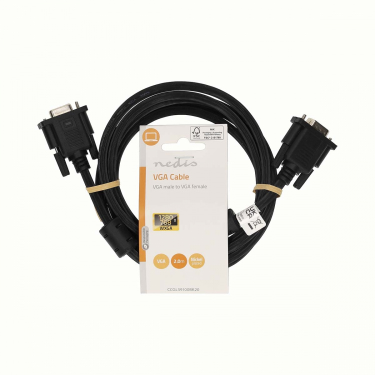 Nedis VGA-kabel | VGA Hane | VGA hona 15p | Nickelplaterad | Maximal upplösning: 1280x800 | 2.00 m | Rund | ABS | Svart | Label