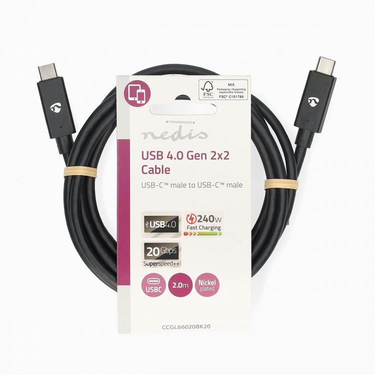 Nedis USB-kabel | USB 4.0 Gen 2x2 | USB-C™ Hane | USB-C™ Hane | 240 W | 8K@60Hz | 20 Gbps | Nickelplaterad | 2.00 m | Rund | PVC | Svart | Label