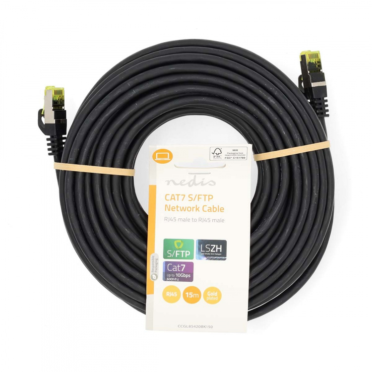 Nedis CAT7 nätverkskabel | S/FTP | RJ45 hane | RJ45 hane | 15.0 m | Snagless | Rund | LSZH | Svart | Label