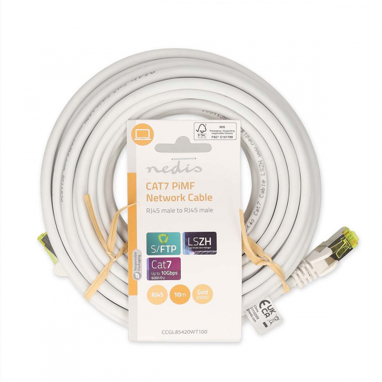 Nedis CAT7 nätverkskabel | S/FTP | RJ45 hane | RJ45 hane | 10.0 m | Snagless | Rund | LSZH | Vit | Label
