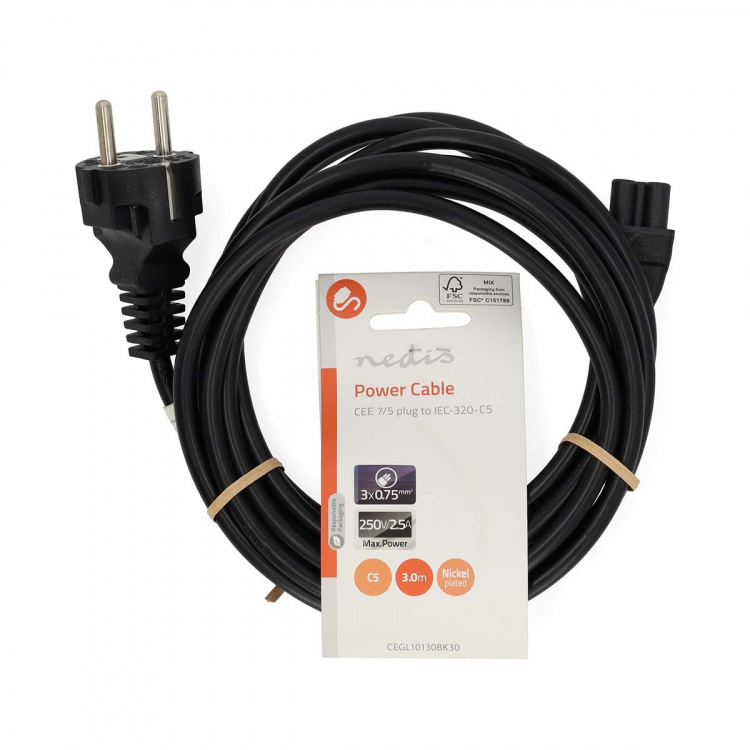 Nedis Strömkabel | Strömkontakt Hane | IEC-320-C5 | Rak | Rak | Nickelplaterad | 3.00 m | Rund | PVC | Svart | Label Nedis Strömkabel | Strömkontakt Hane | IEC-320-C5 | Rak | Rak | Nickelplaterad | 3.00 m | Rund | PVC | Svart | Label