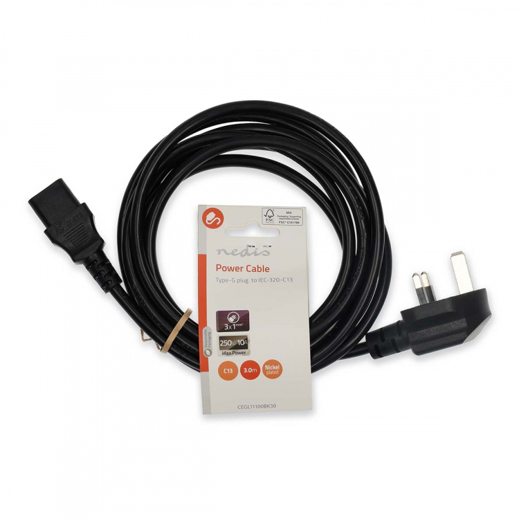 Nedis Strömkabel | UK-kontakt Hane | IEC-320-C13 | Vinklat | Rak | Nickelplaterad | 3.00 m | Rund | PVC | Svart | Label