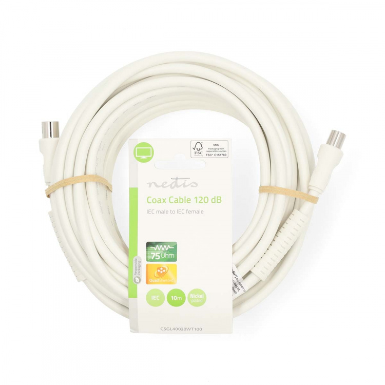 Nedis Koaxialkabel | IEC (Koax) Hane | IEC (Koax) Hona | Nickelplaterad | 120 dB | 75 Ohm | Fyra skydd | 10.0 m | Rund | PVC | Vit | Label Nedis Koaxialkabel | IEC (Koax) Hane | IEC (Koax) Hona | Nickelplaterad | 120 dB | 75 Ohm | Fyra skydd | 10.0 m | Rund | PVC | Vit | Label