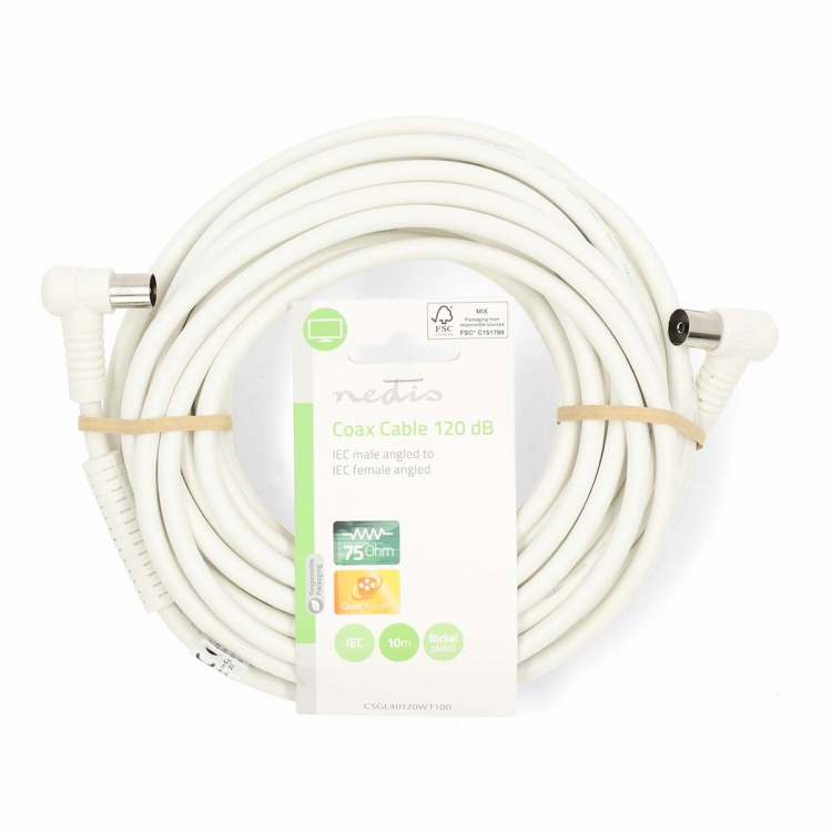 Nedis Koaxialkabel | IEC (Koax) Hane | IEC (Koax) Hona | Nickelplaterad | 120 dB | 75 Ohm | Fyra skydd | 10.0 m | Rund | PVC | Vit | Label